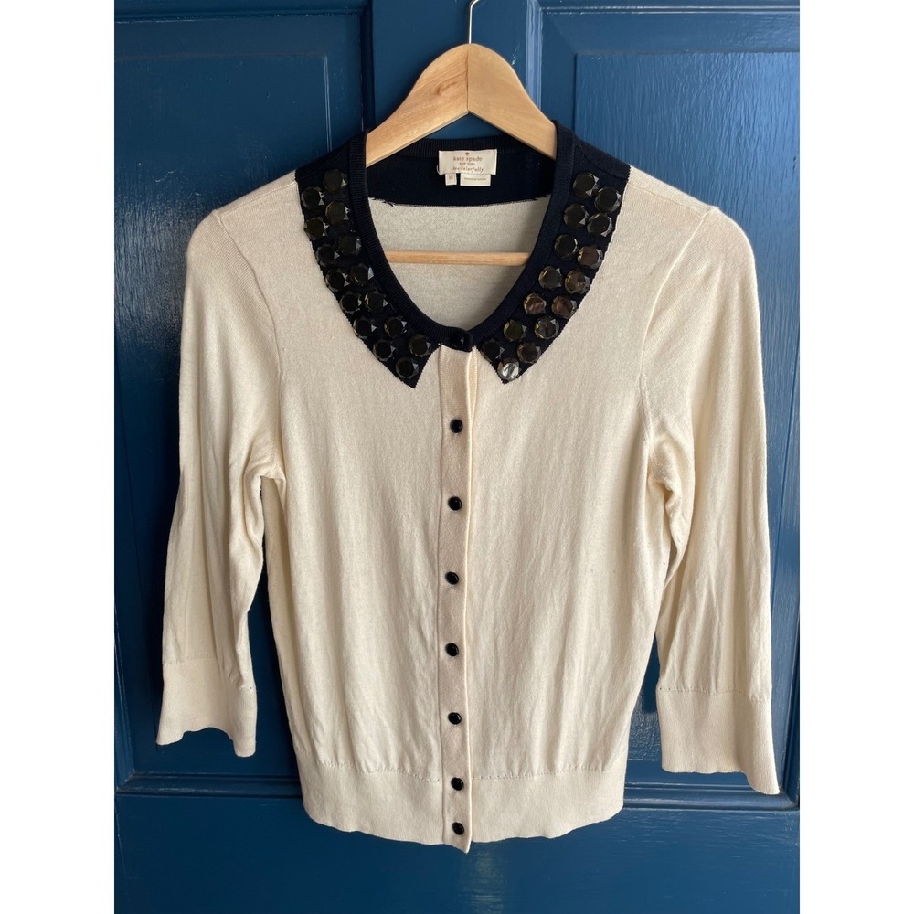 Kate Spade New York Cardigan Jewel Embellished Collar Cream Black M